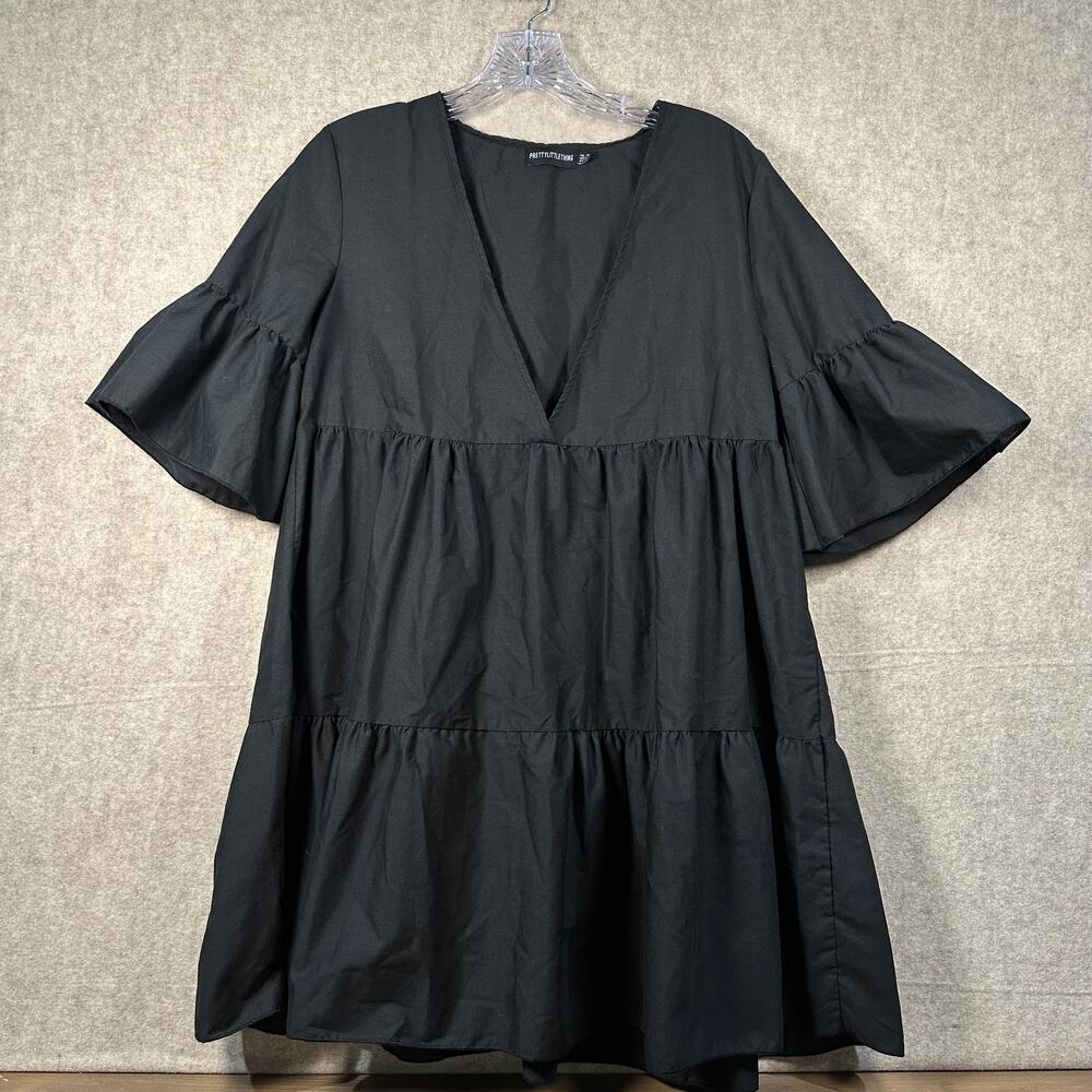 PrettyLittleThing Black Tiered Smock Dress V-Neck Ruffle Flutter Sleeve US 8 M